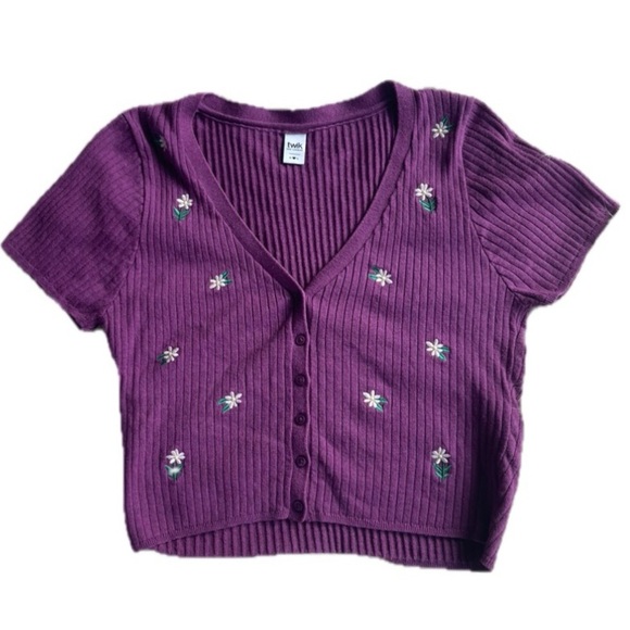 Twik Par Simons Daisy Embroidered Button Down V-Neck Short Sleeve Size S/M - Picture 1 of 7